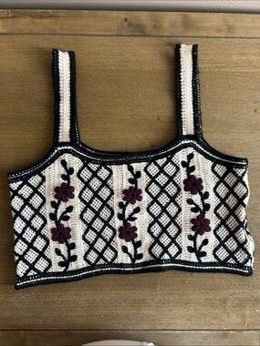Design Studio Crochet Floral Crop Top Checkerboard Pattern Made in Korea. One Sz